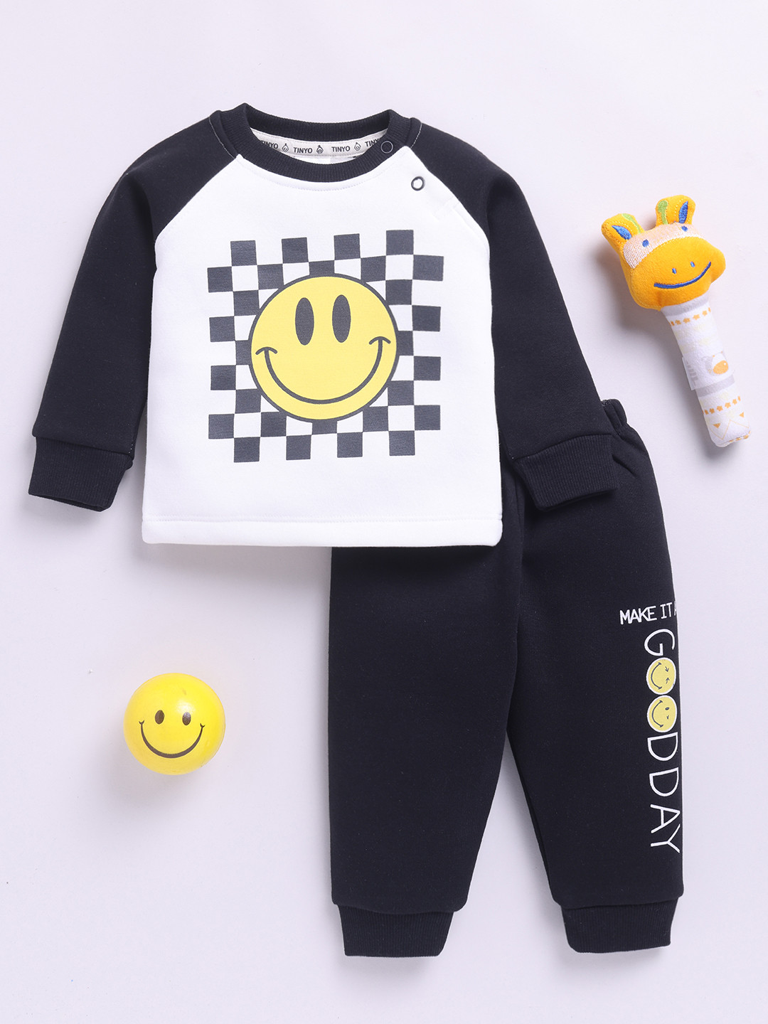 YK X Tinyo Infant Boys Smiley Printed Fleece T-shirt with Joggers For Winter