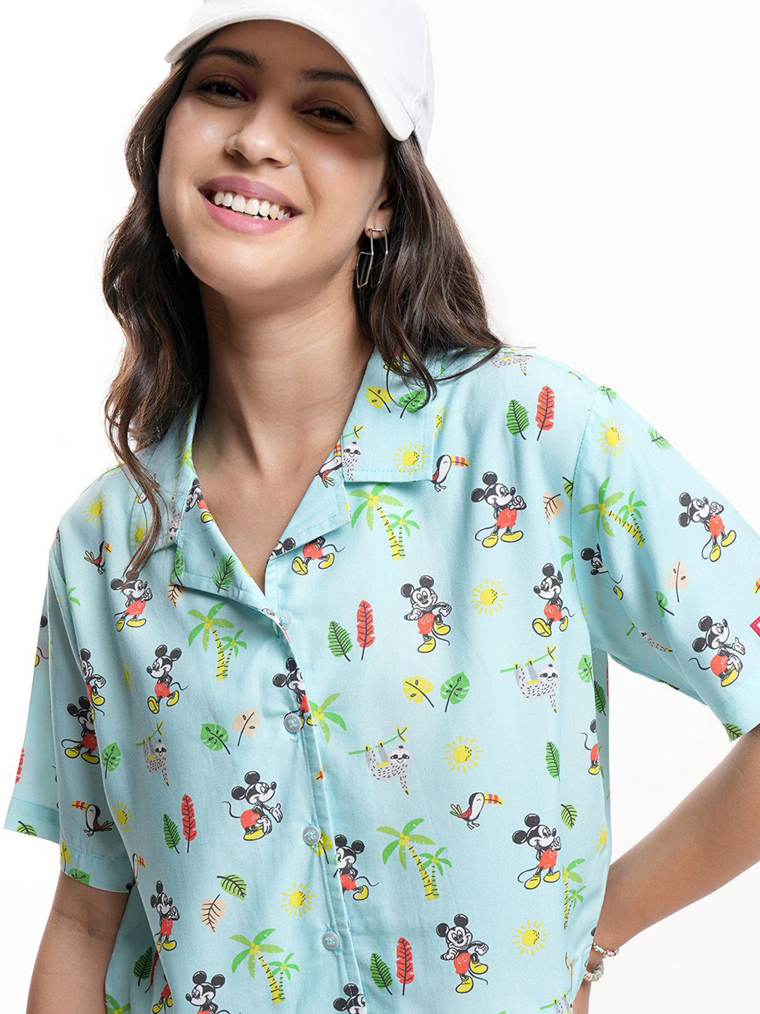 Tokyo Talkies Women Mui Mickey Print Cuban Collar Boxy Fit Crop Shirt