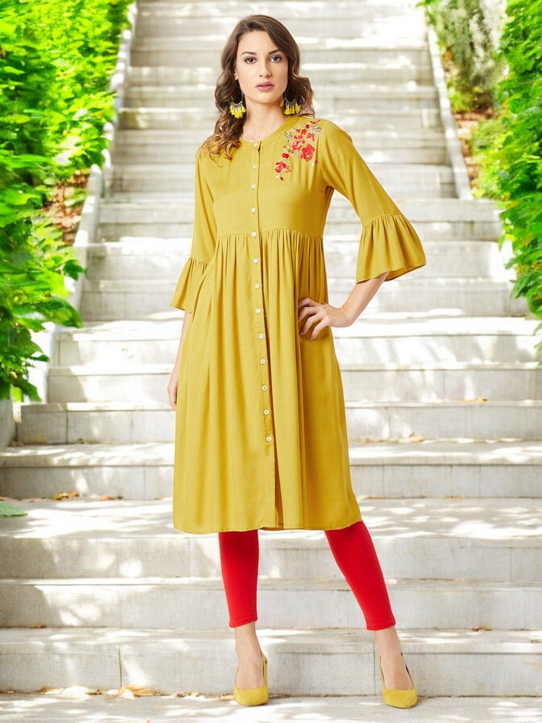 all about you Women's Round Neck 3/4th Sleeve Solid Embroidered Gathered Midi Dress