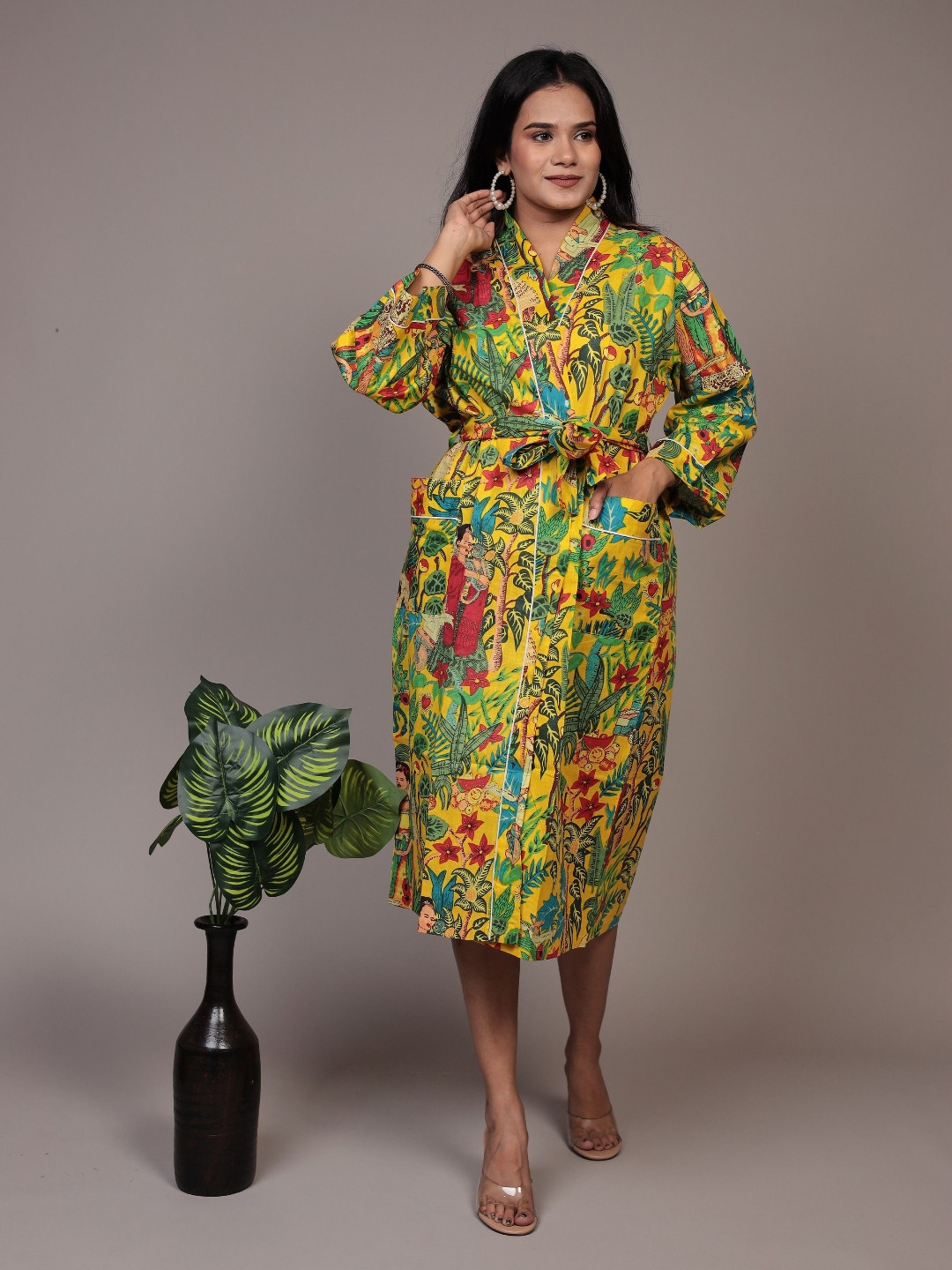 Bohekant Kimono Yellow Floral Cotton Drawstring Midi Bath Robe