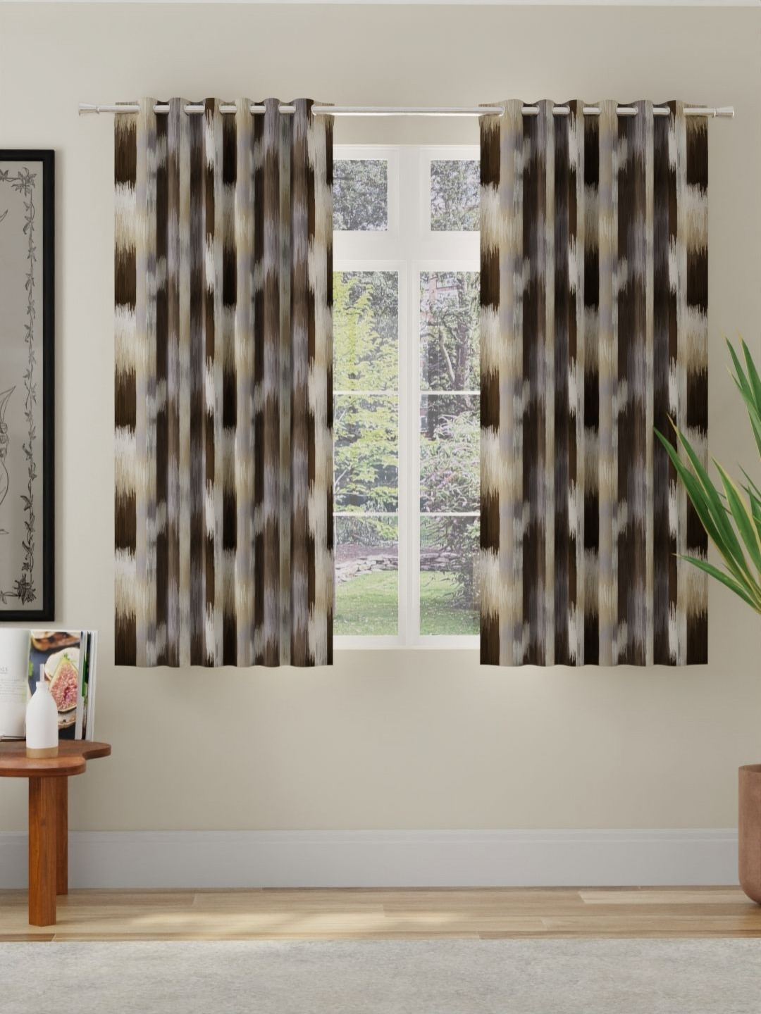 ROSARA HOME Brown and Grey 2 Pieces Abstract Printed Room Darkening Window Curtains