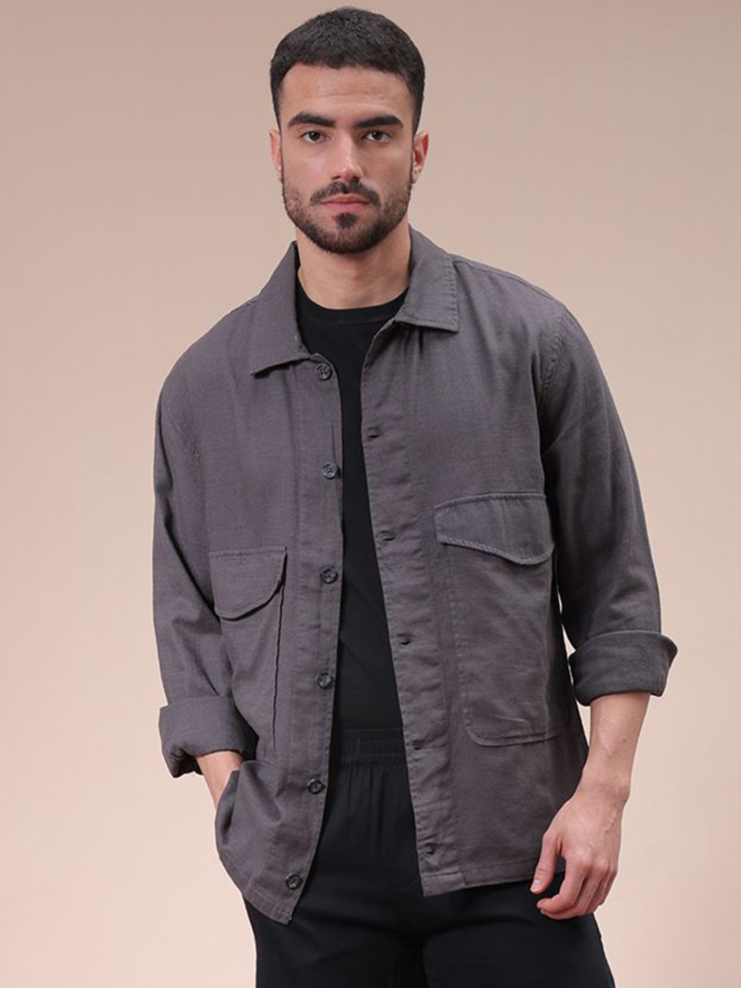 The Indian Garage Co Men Regular Fit Solid Double Flap Pocket Resortwear Overshirt