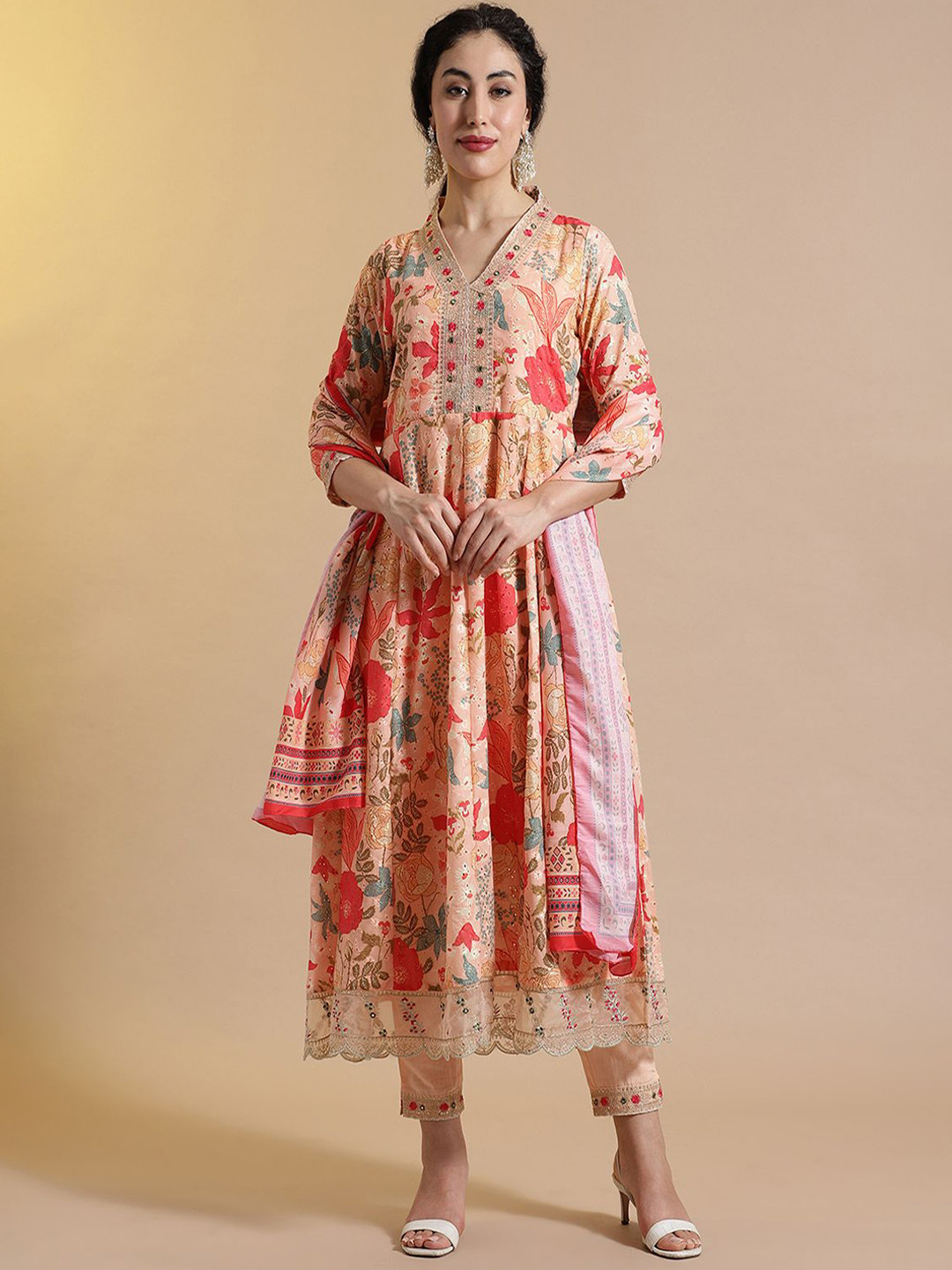 STYLEBAAZI Women Floral Embroidered Thread Work Pure Cotton Kurta with Trousers & Dupatta