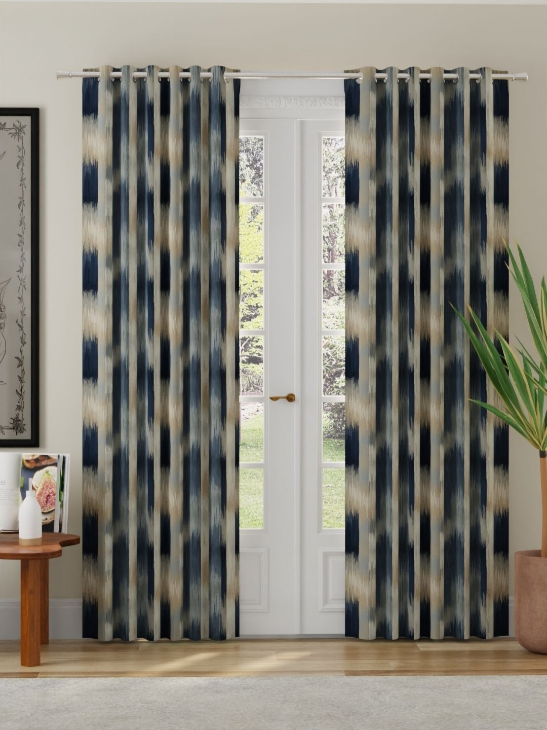 ROSARA HOME Navy Blue & Grey 2 Pieces Abstract Room Darkening Long Door Curtains