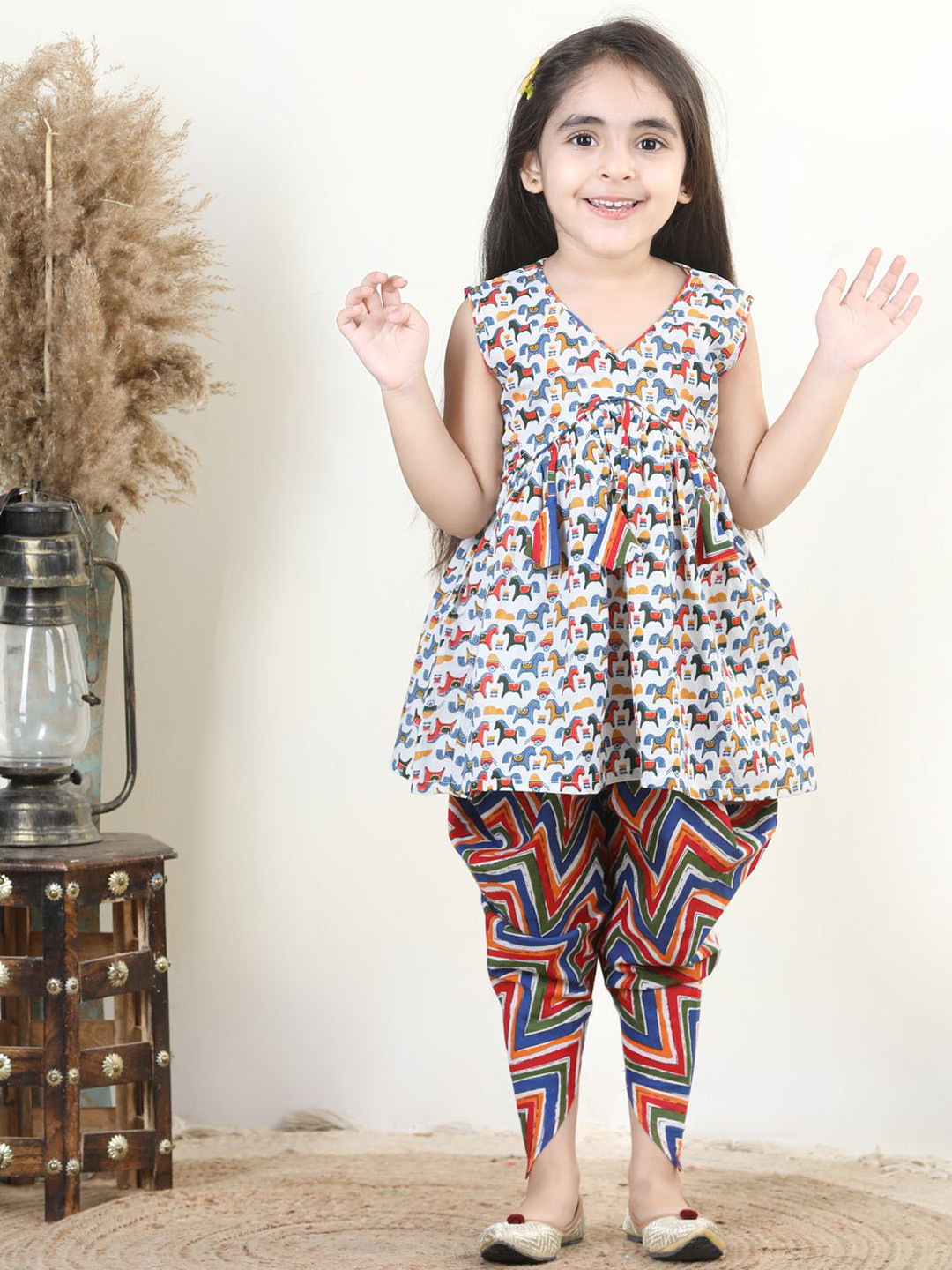 Here&Now X Kinder Kids Girls Floral Printed Pure Cotton A Line Kurti with Dhoti Pants