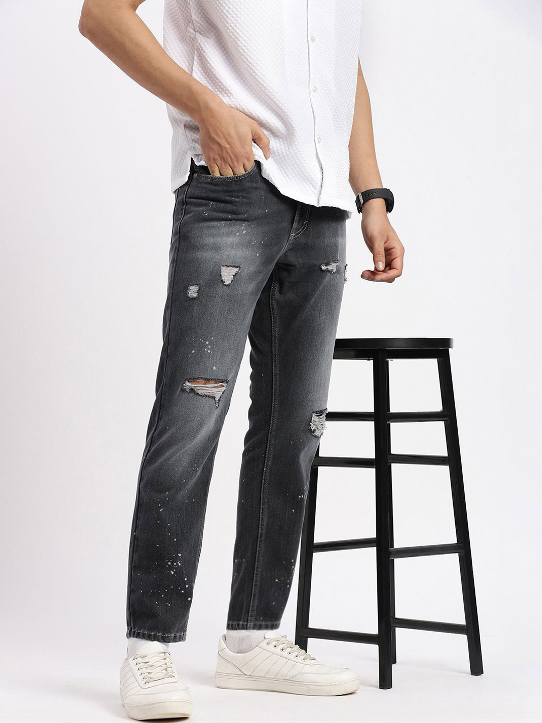 SHOWOFF Men Comfort Slash Mid-Rise Knee Heavy Fade Acid Wash Jeans