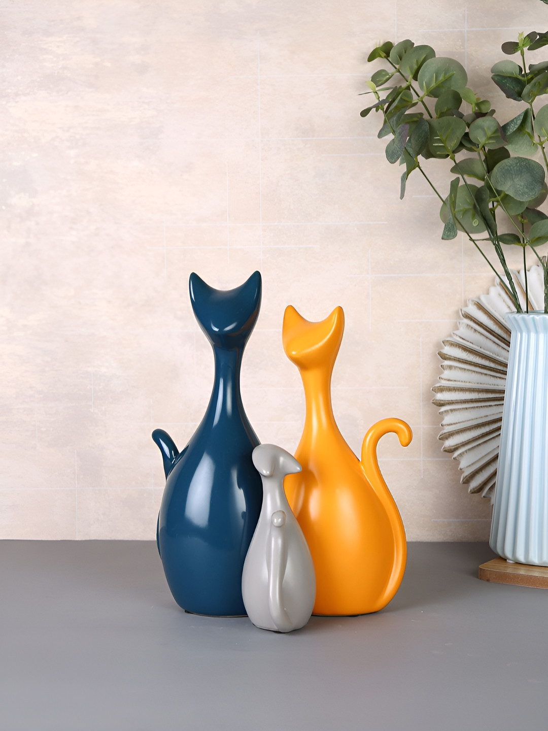TAYHAA Varied Cat Blue Ceramic Metallic Living Room Set of 3 Medium Showpieces - 3.9 Inches