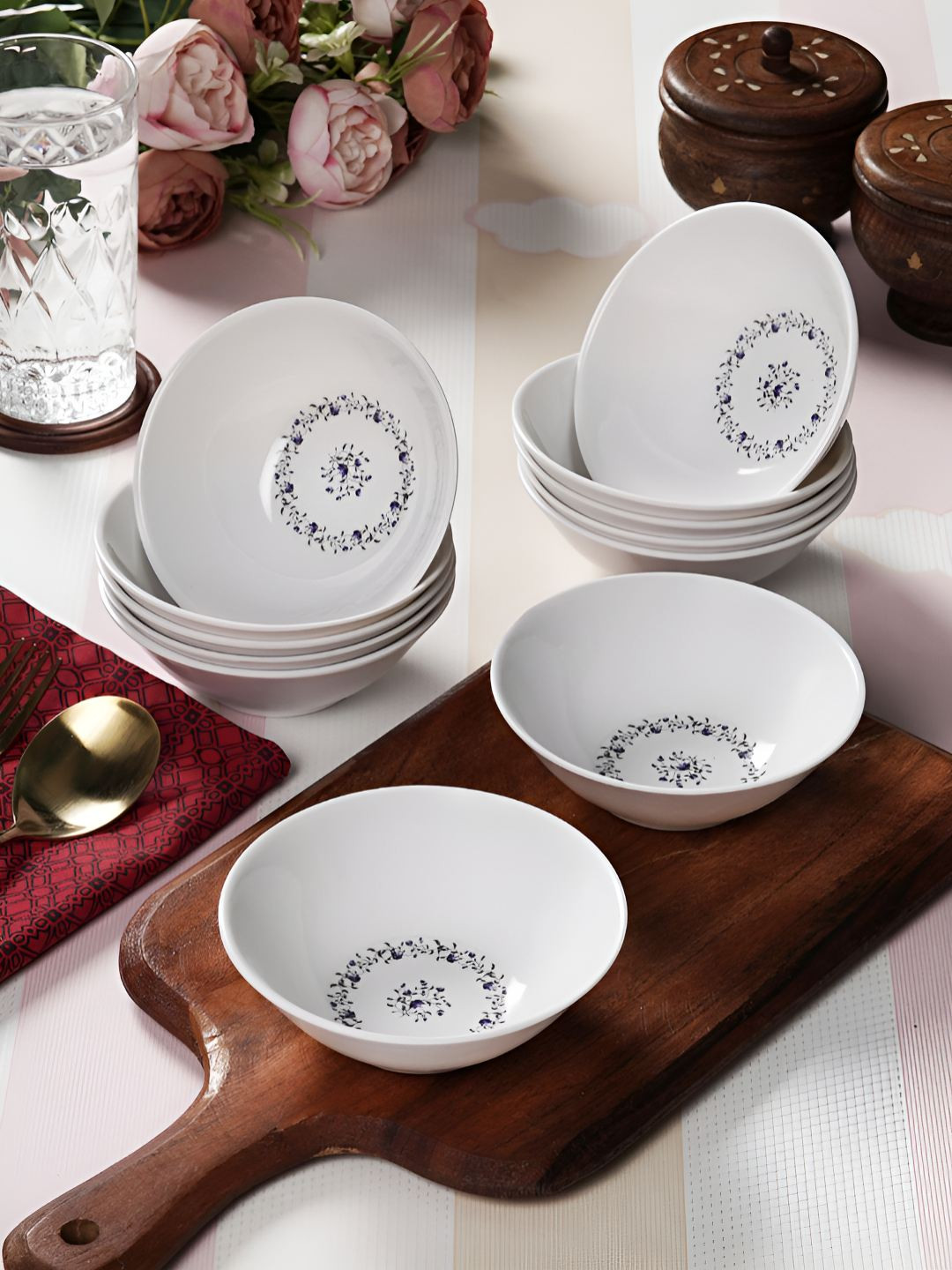 Aura White & Blue 12 Pieces Printed Melamine Dip Bowls 180 ml Each
