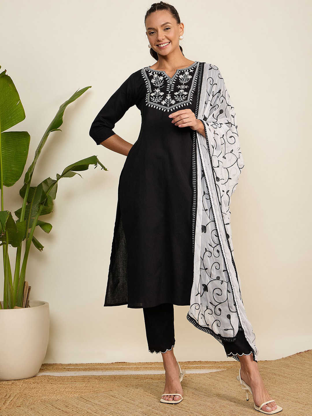 WineRed Floral Embroidered Thread Work Notch Neck Pure Cotton Kurta with Trouser & Dupatta