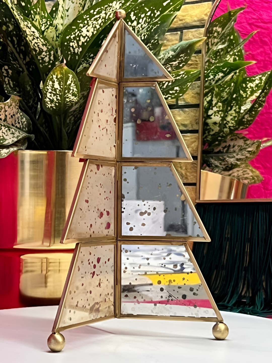 Timaya's Decor Christmas Tree Gold Glass Matte Living Room Medium Showpiece - 10.6 Inches