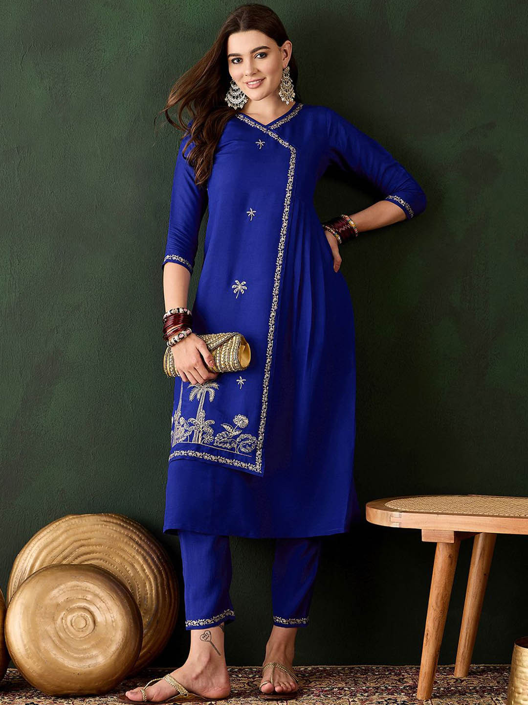 Sangria Women Embroidered A-Line Kurta & Trouser Set