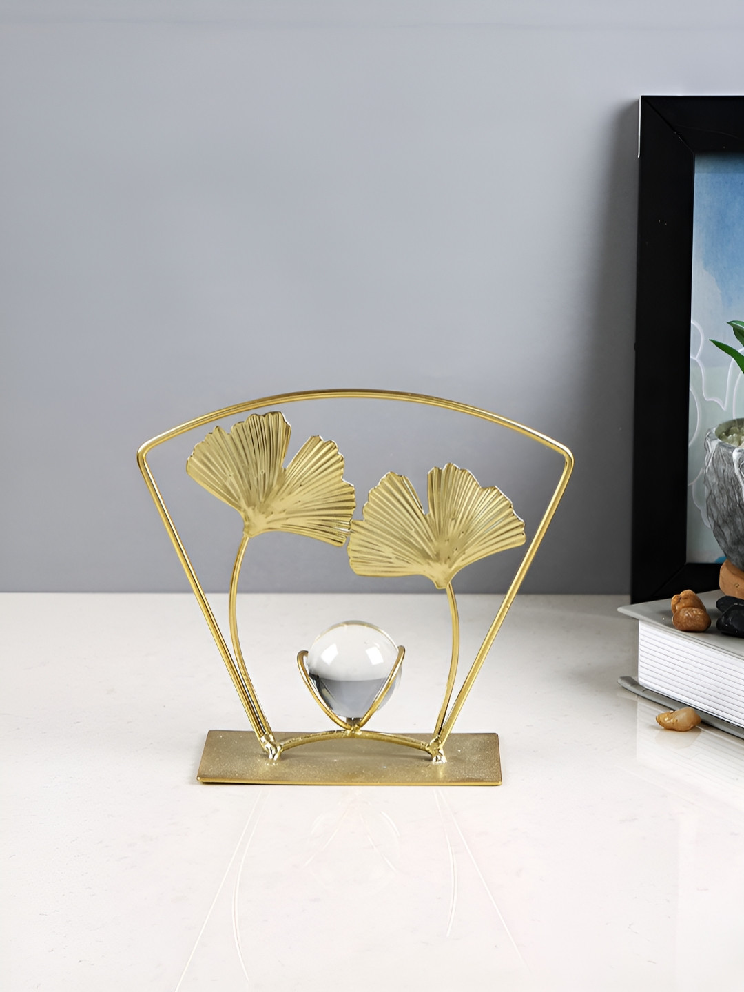TAYHAA Palm Leaves with Crystal Ball Gold Crystal Glossy Living Room Medium Showpiece - 5.9 Inches