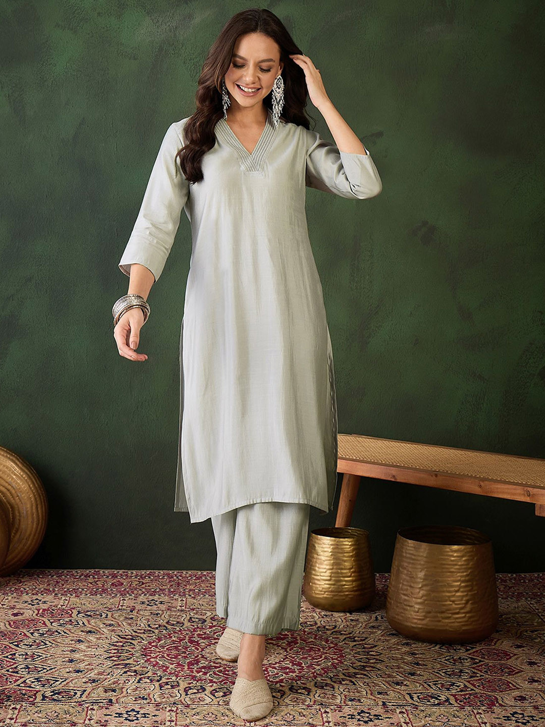 Sangria Women V-Neck Straight Kurta & Salwar Set