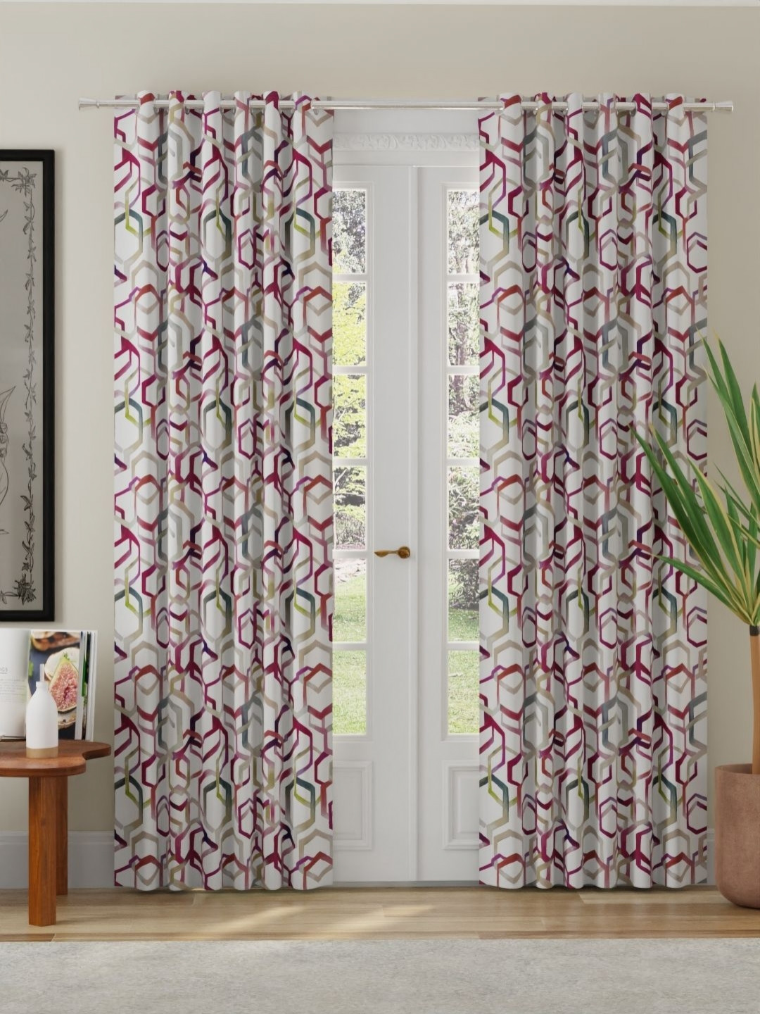 ROSARA HOME White and Pink 2 Pieces Abstract Printed Room Darkening Long Door Curtains