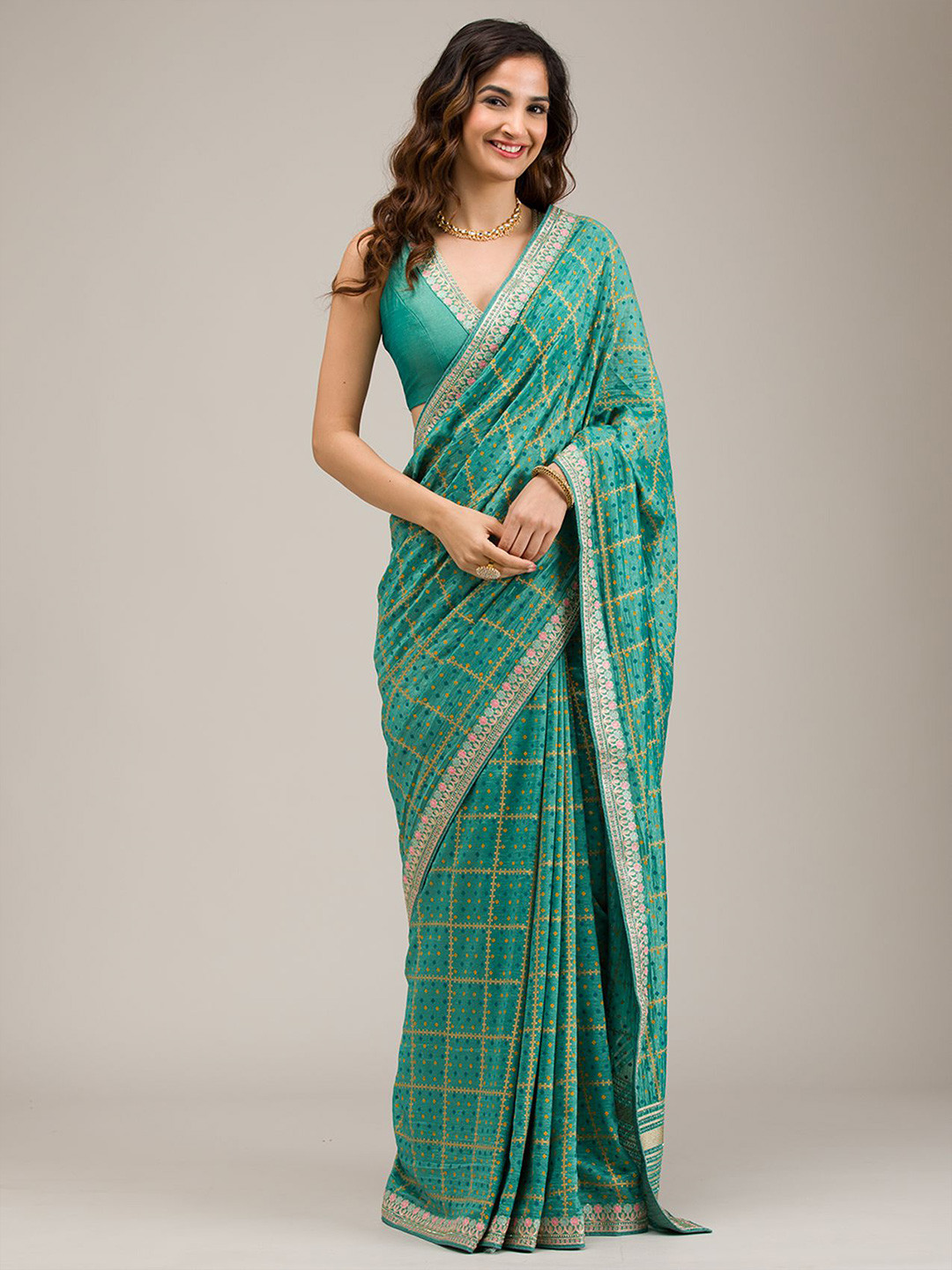 Koskii Women Zariwork Turquoise Blue Soft Raw Silk Saree With Unstitched Blouse