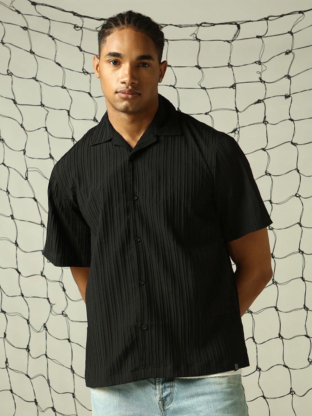 Hubberholme Men Classic Opaque Solid Cuban Collar Textured Fabric Oversized Casual Shirt