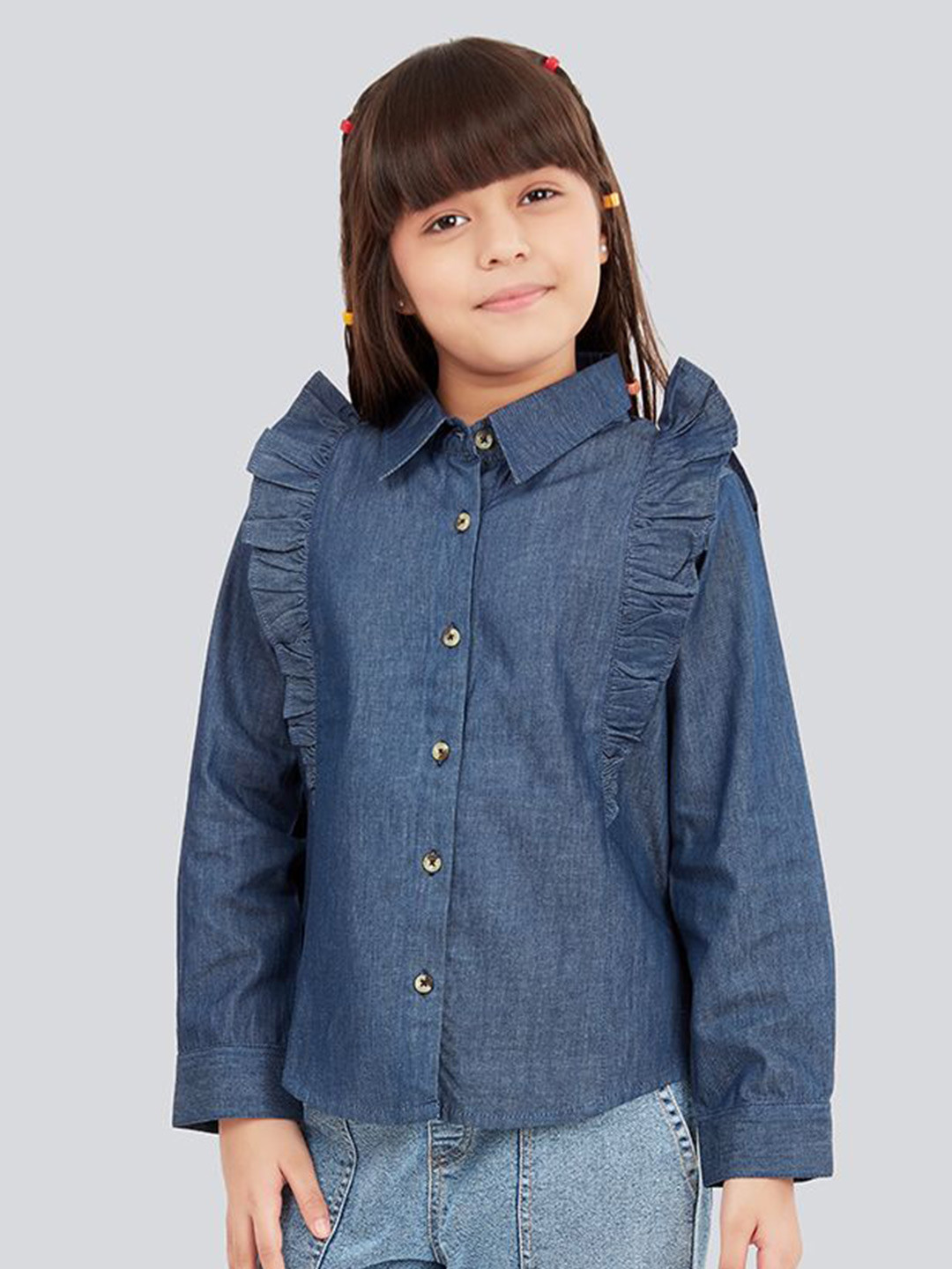 Olele Girls Cotton Denim Button Down Ruffle Shirt