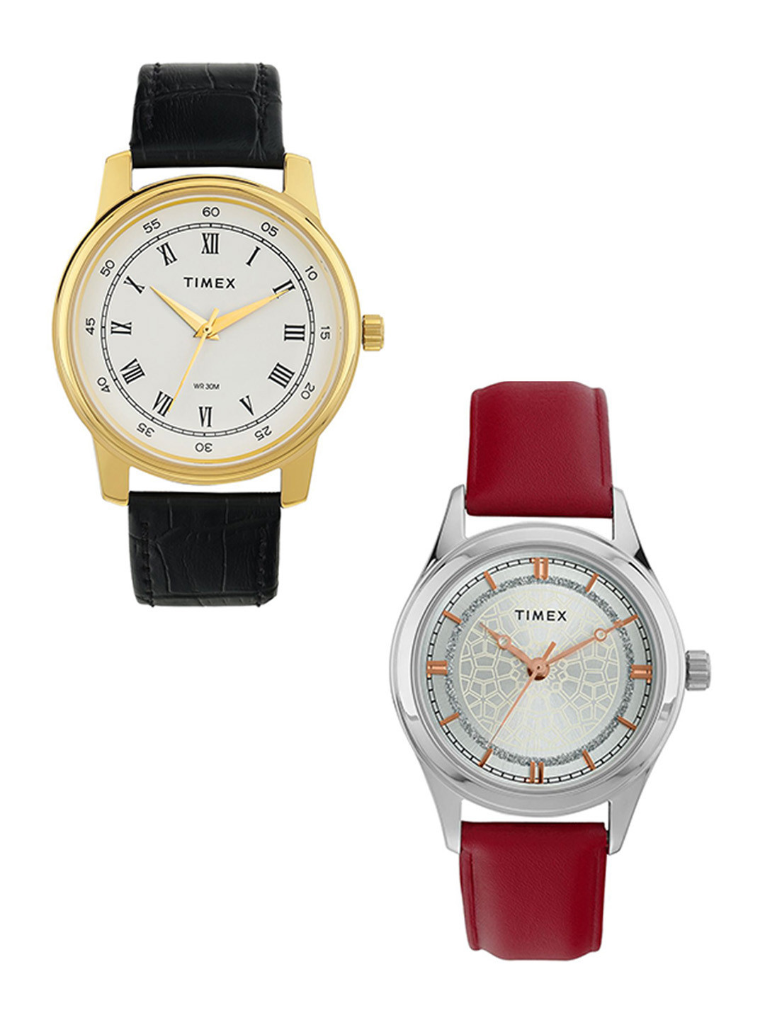 Timex Unisex Pack Of 2 Brass Embellished Dial & Leather Straps Analogue Watch TW00ZR350