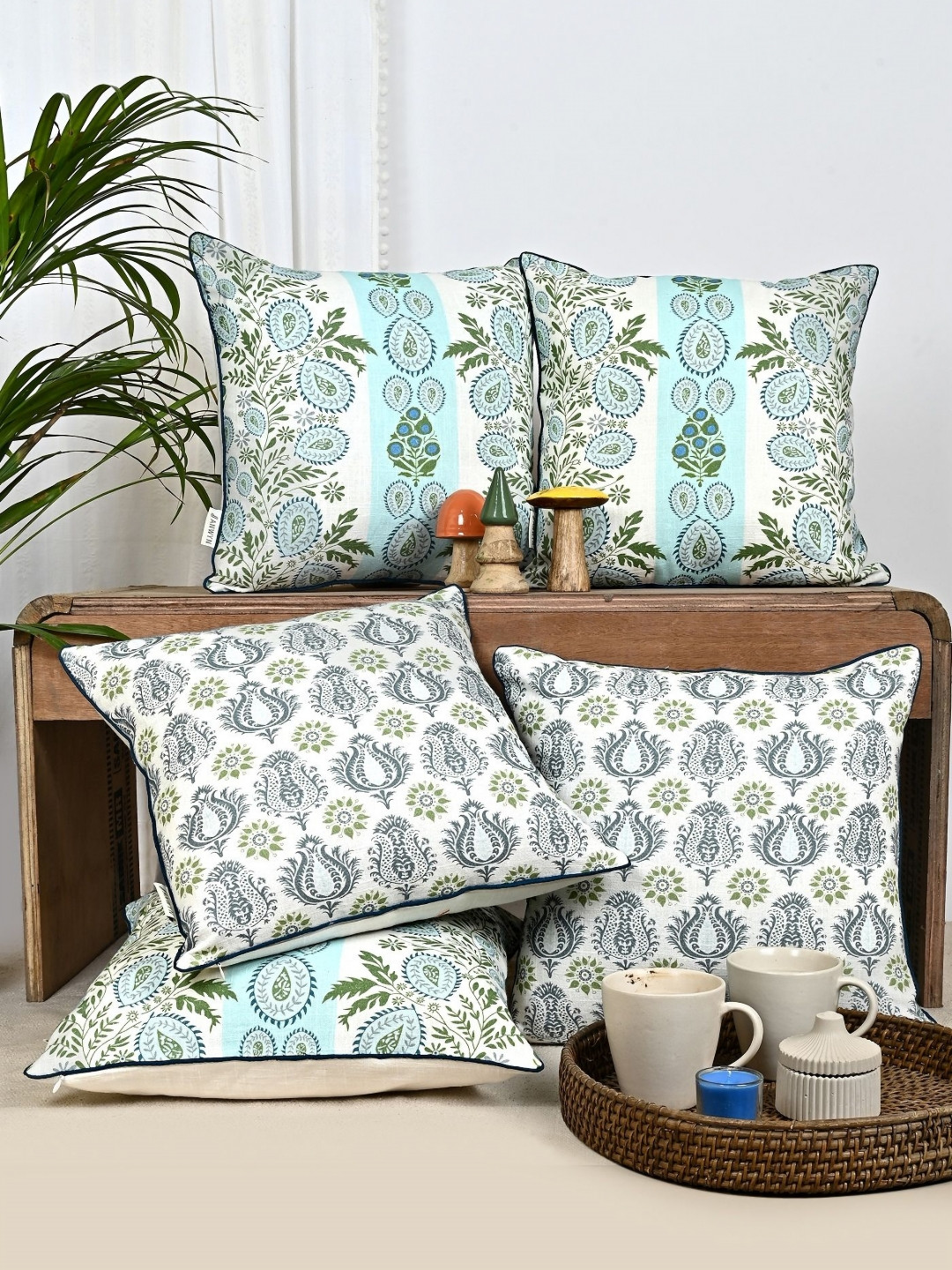 ANWYN Blue Ethnic Motifs Cotton Breathable 5 Piece Square Cushion Covers -16x16In