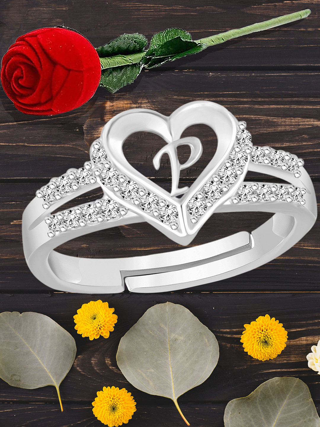 Heer Collection Silver Plated American Diamond Studded Alphabet P Adjustable Finger Ring