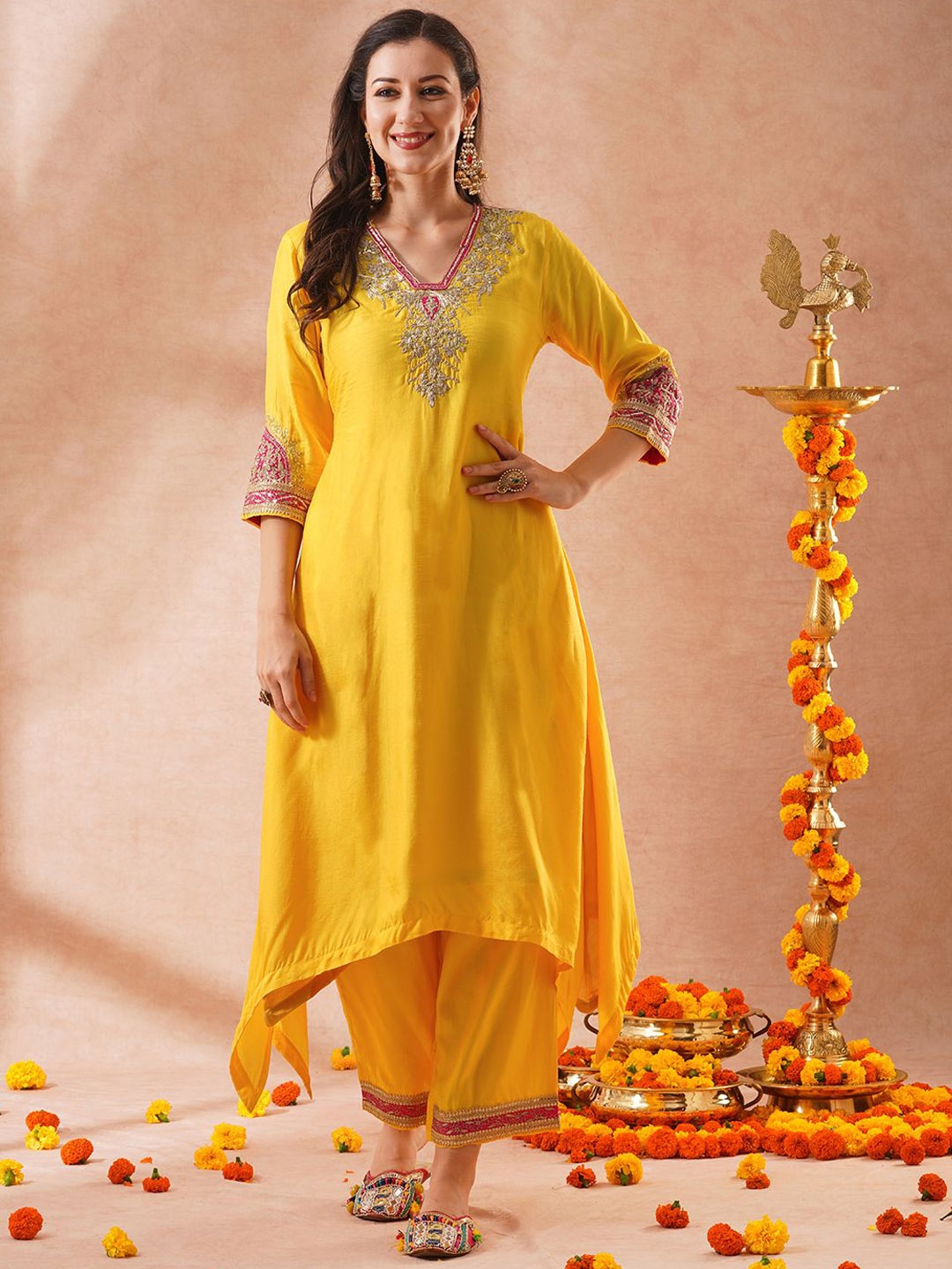 FASHOR Ethnic Motifs Embroidered A Line Kurta With Palazzos & Dupatta - Kurta Sets for Women 31031914 | Myntra