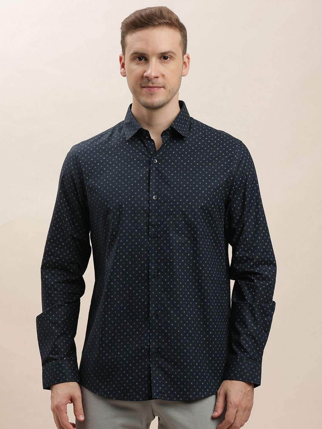 Turtle Men Classic Spread Collar Micro Ditsy Printed Cotton Slim Fit Formal Shirt