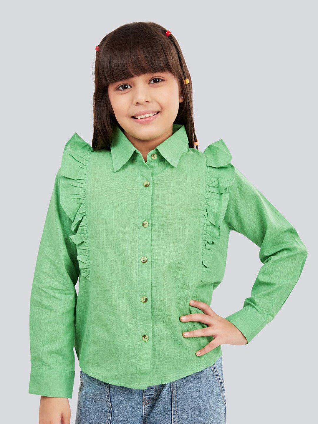Olele Girls Pure Linen Button Down Ruffle Shirt