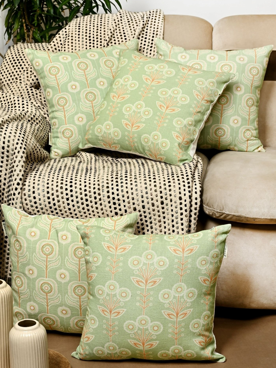 ANWYN Slub Floral Cotton 5 Pcs Square Cushion Covers - 15.7 x 15.7 In