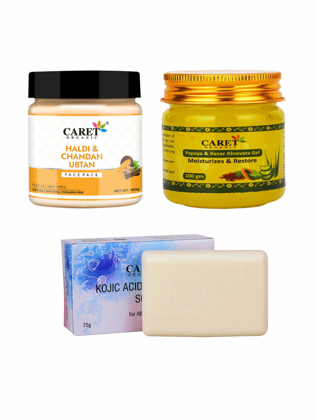 CARET ORGANIC Haldi & Chandan Ubtan Face Pack, Kojic Acid Soap & Papaya & Aloevera Gel