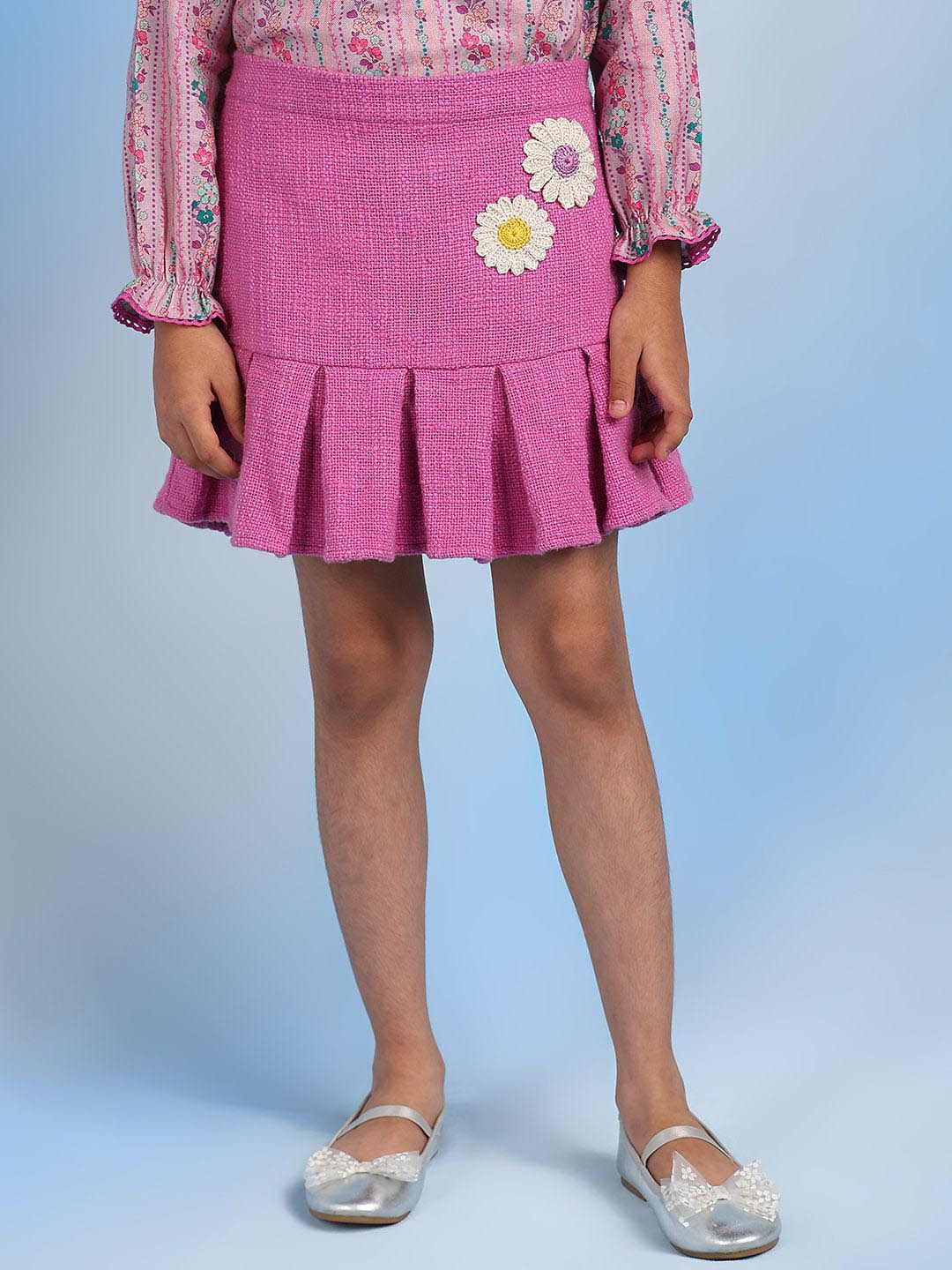 The Tribe Kids Girls Solid Pure Cotton Pleated Peplum Mini Skirt