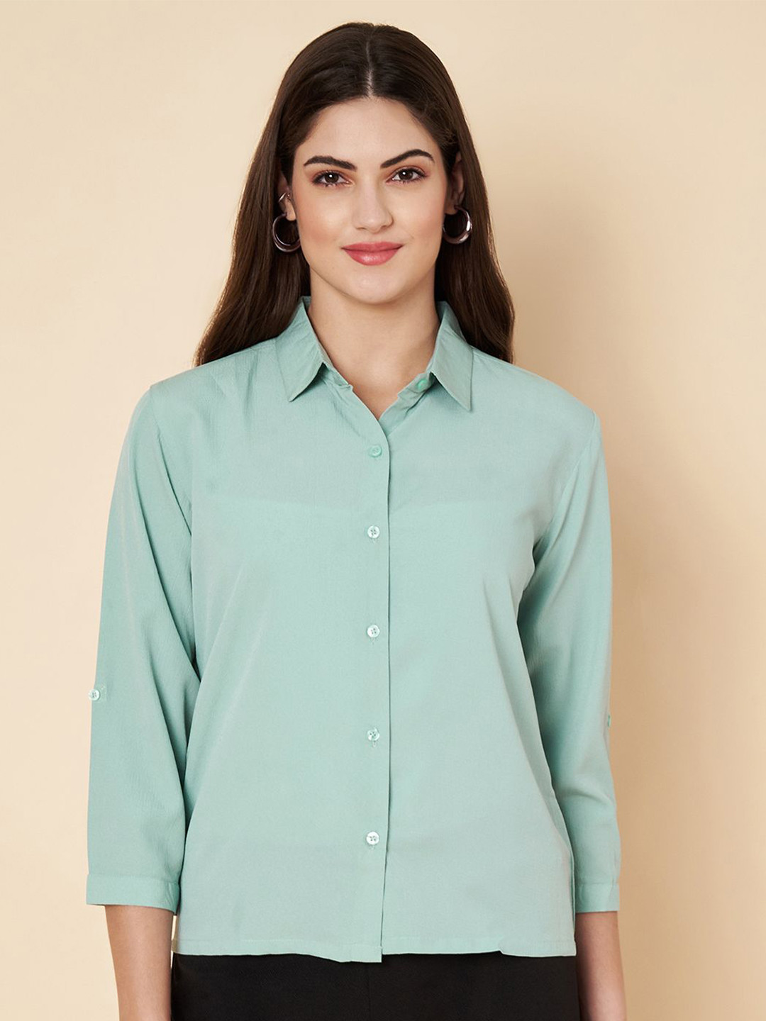 Fbella Women Spread Collar Solid Casual Shirt