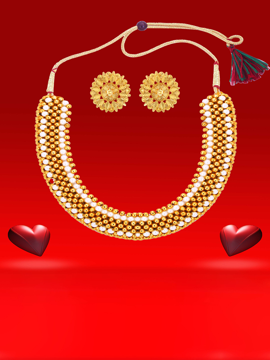 Heer Collection Gold-Plated White & Gold-Toned Necklace With Earrings