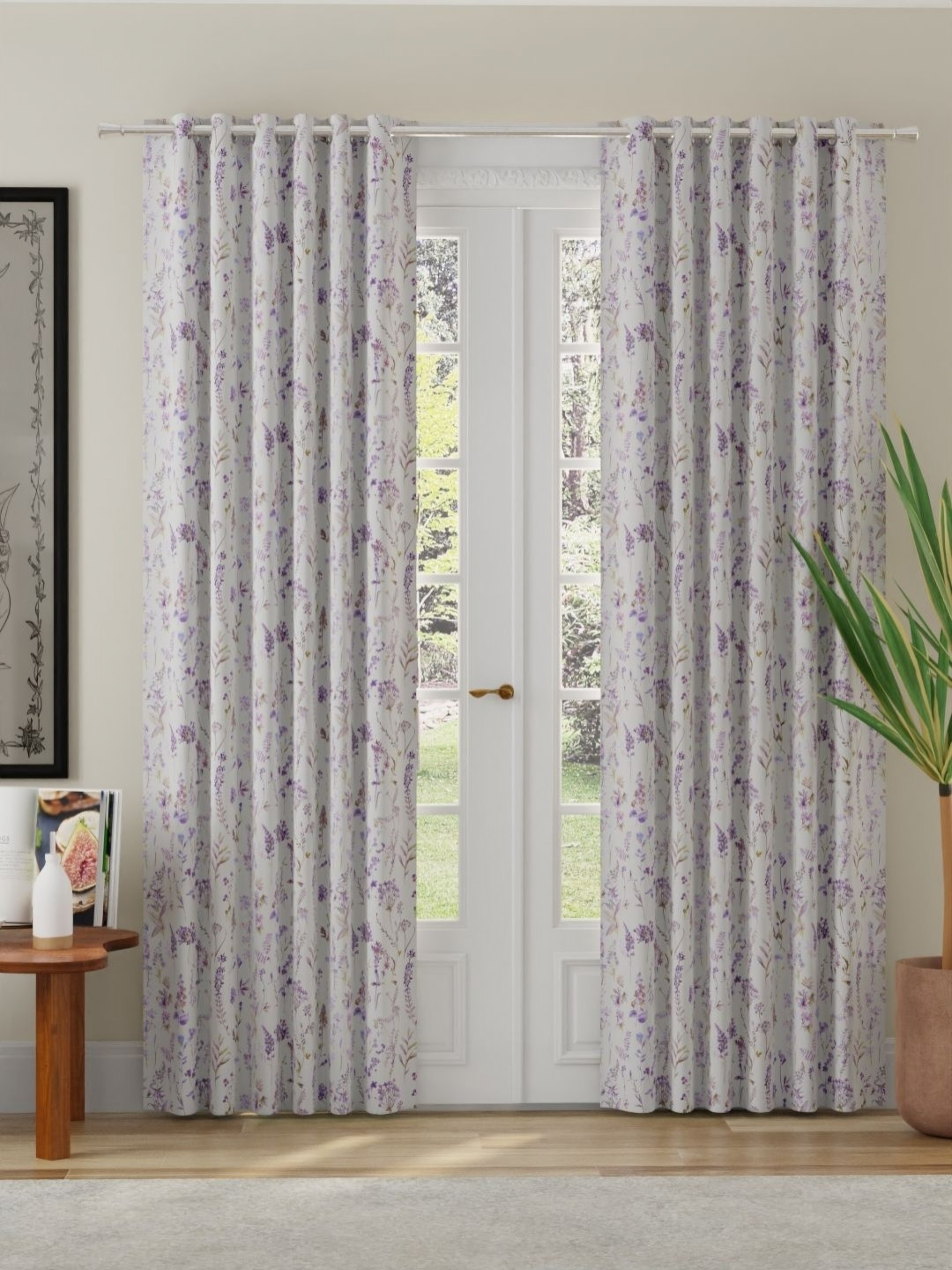 ROSARA HOME Purple and White 2 Pieces Floral Printed Room Darkening Door Curtains