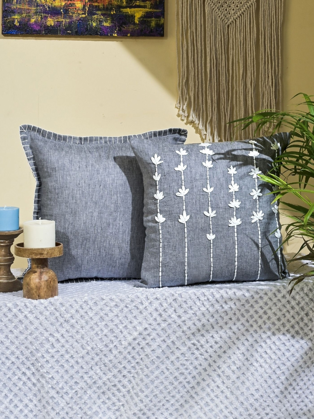 ANWYN Linen Floral Cotton Durable 2 Pcs Embroidered Square Cushion Covers - 15.7 x 15.7 In