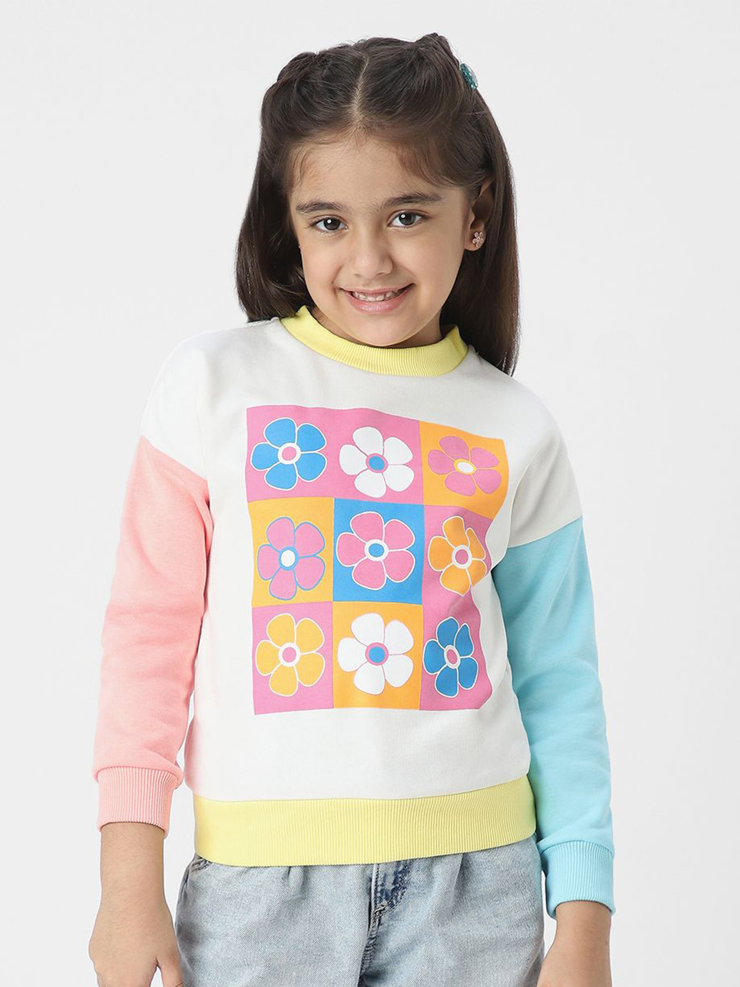 Nauti Nati Girls Floral Printed Colourblock Sweatshirt