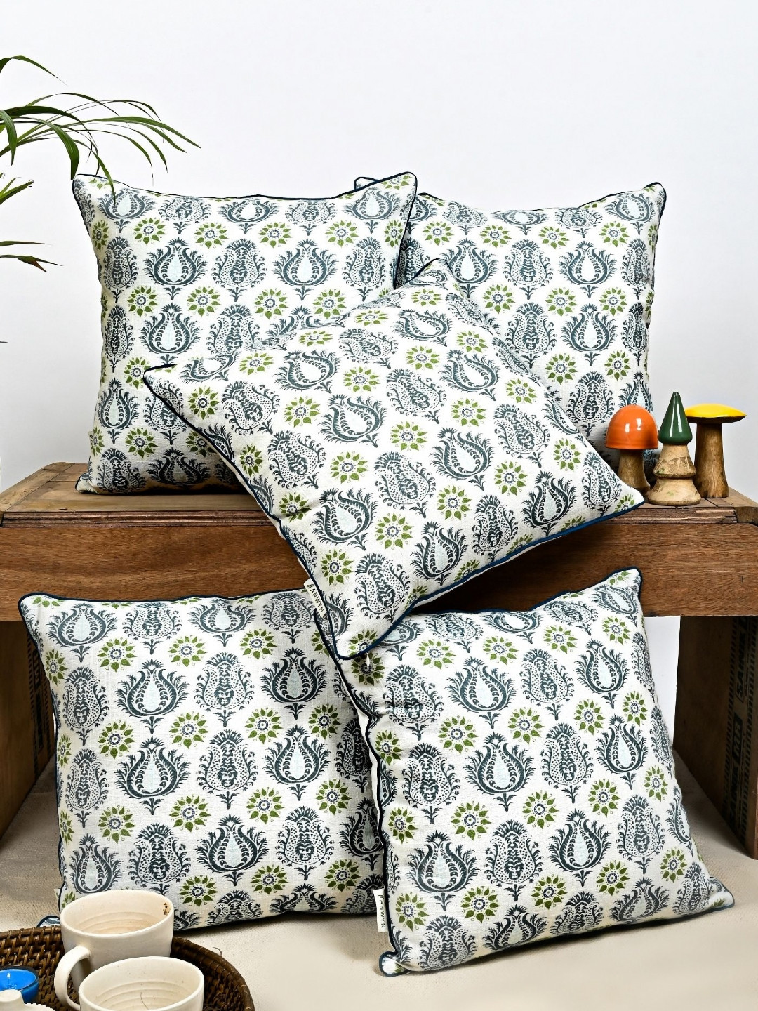 ANWYN Ethnic Motifs Cotton 5 Pcs Square Cushion Covers - 15.7 x 15.7 In