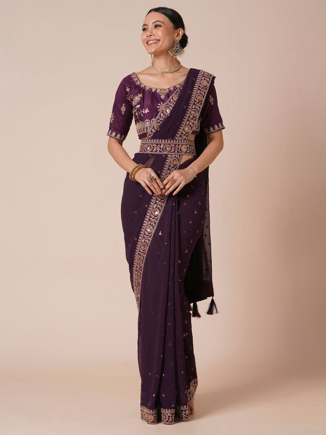 House of Pataudi Embellished Geaorgette Party wear saree with designer belt