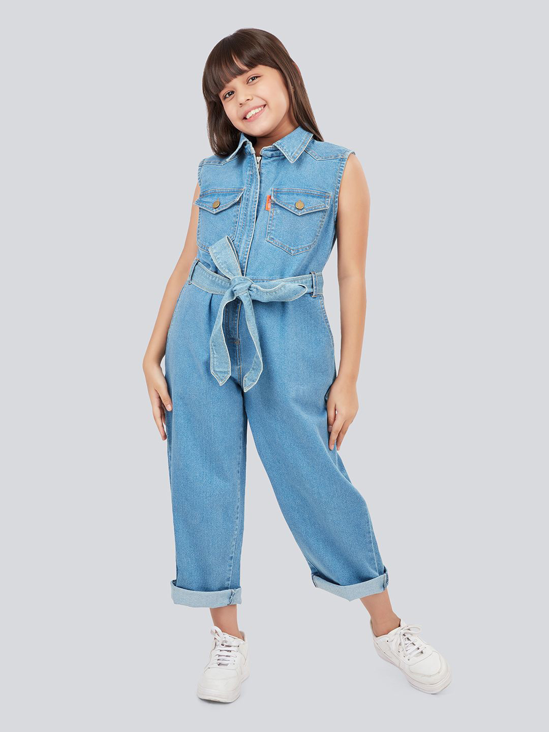 Olele Girls Relax Fit Cotton Denim Sleeveless Boiler Suit