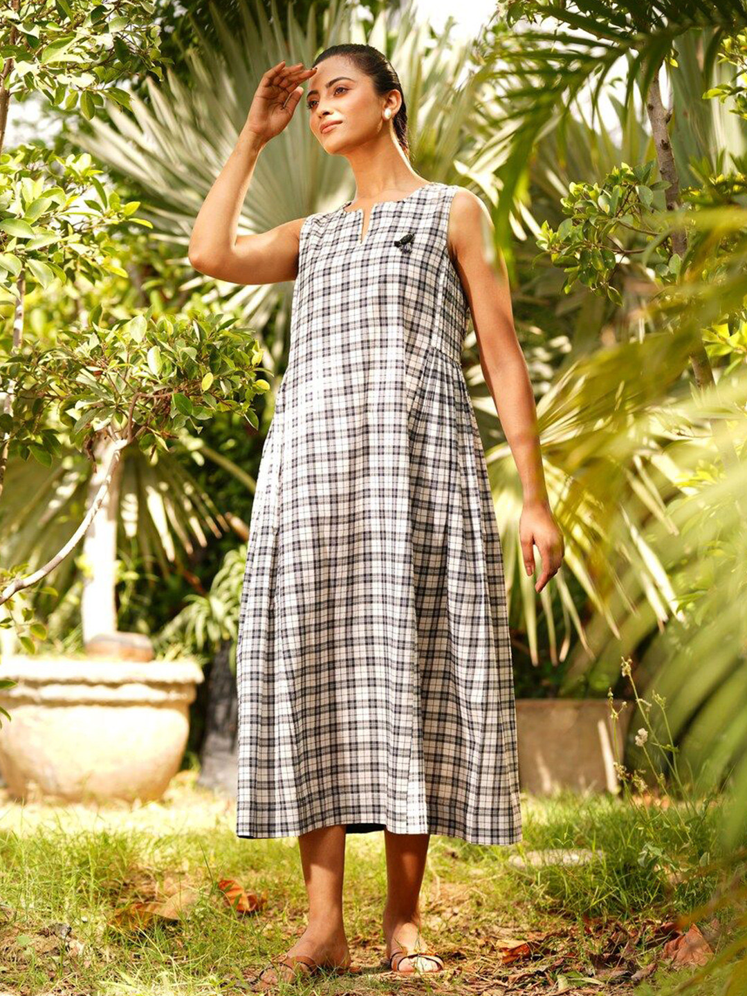JAYPORE Checked Formal A-Line Maxi Dress