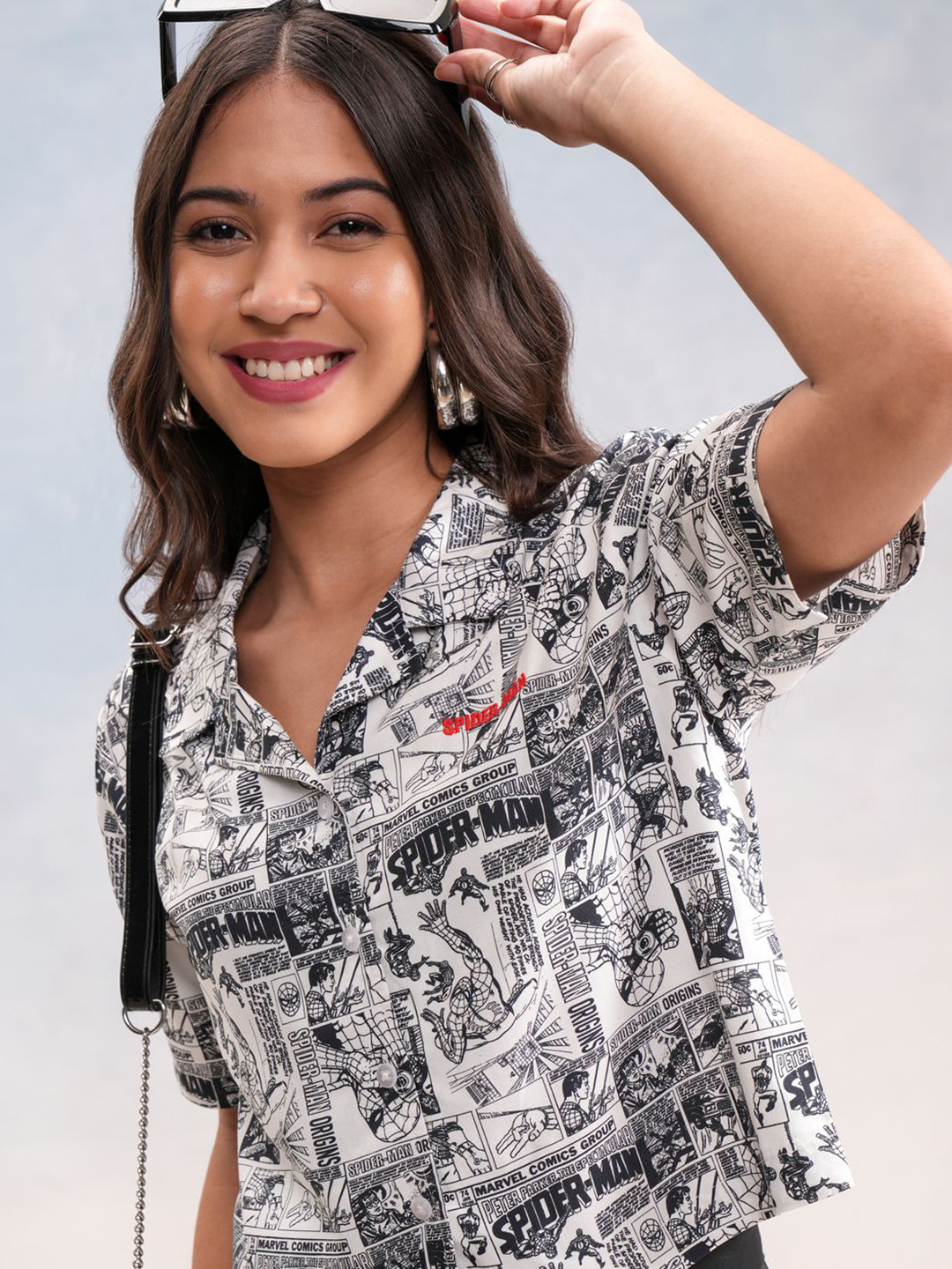 Tokyo Talkies Women Spiderman Aop Cuban Collar Boxy Fit Crop Shirt