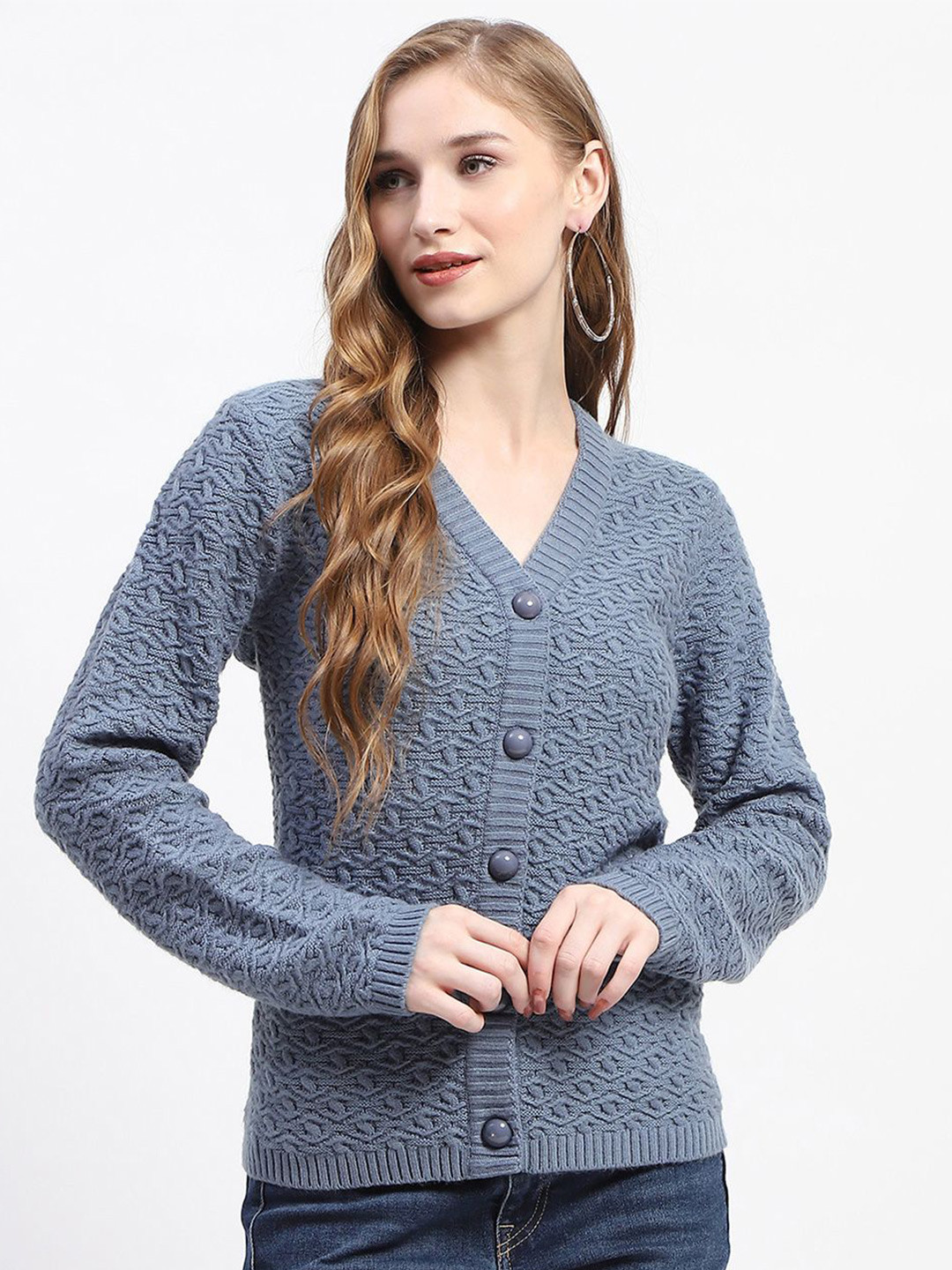 Madame Women Cable Knit Cardigan with Fuzzy Detail