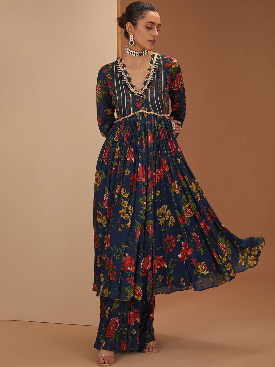 neha khullar Women Floral Printed Patchwork Handloom Anarkali Kurta