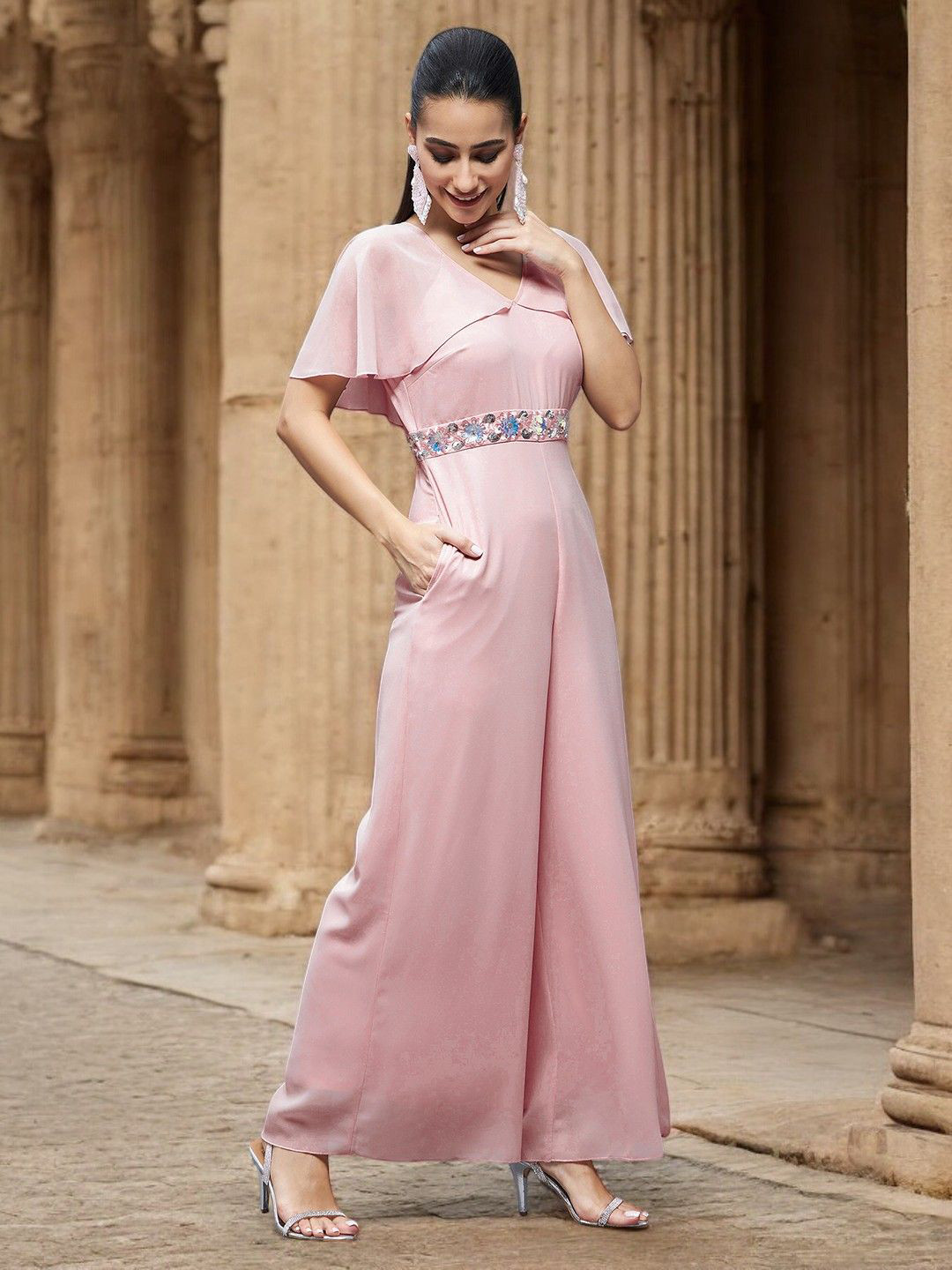 all about you Women Solid V-Neck Cape Layered Regular Georgette Jumpsuit