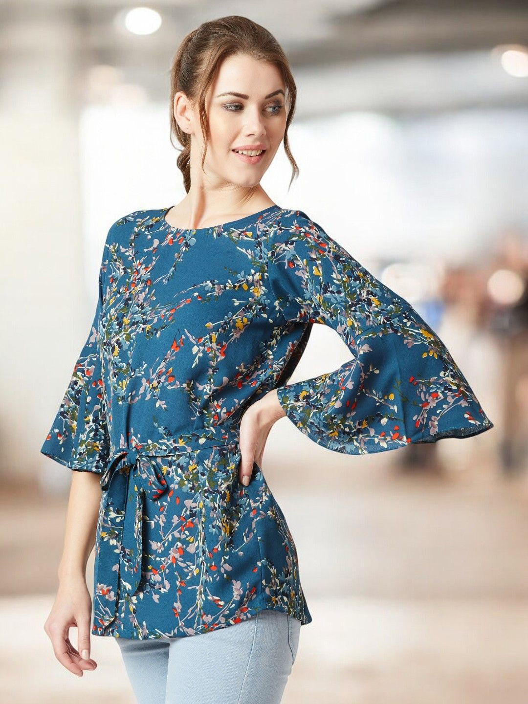 all about you Women Boat Neck Floral Ruffled Long Belted Tie-Up Top