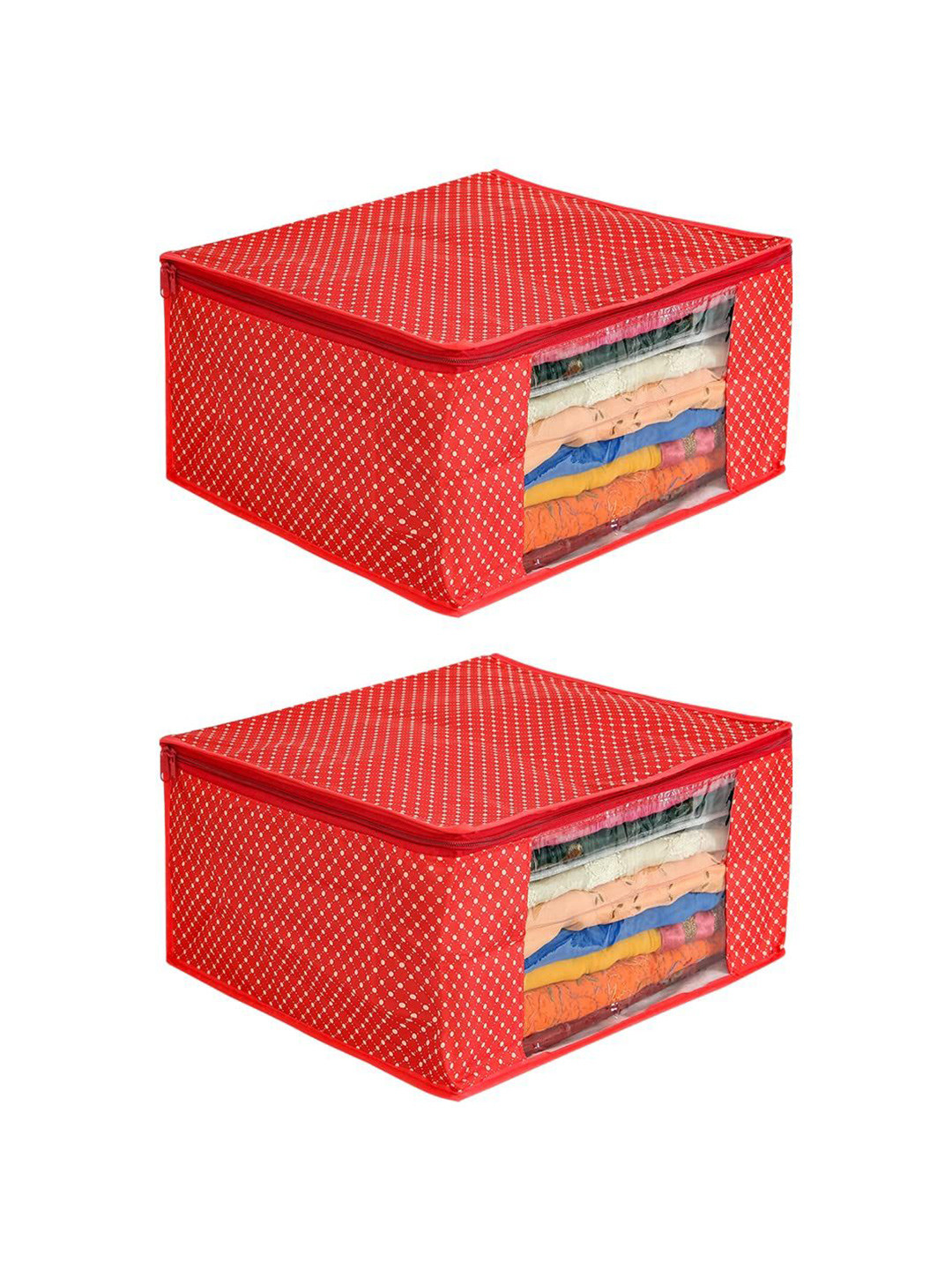 prettykrafts Red & Beige 2 Pieces Cotton Sari Cover Bag Drawer Organiser