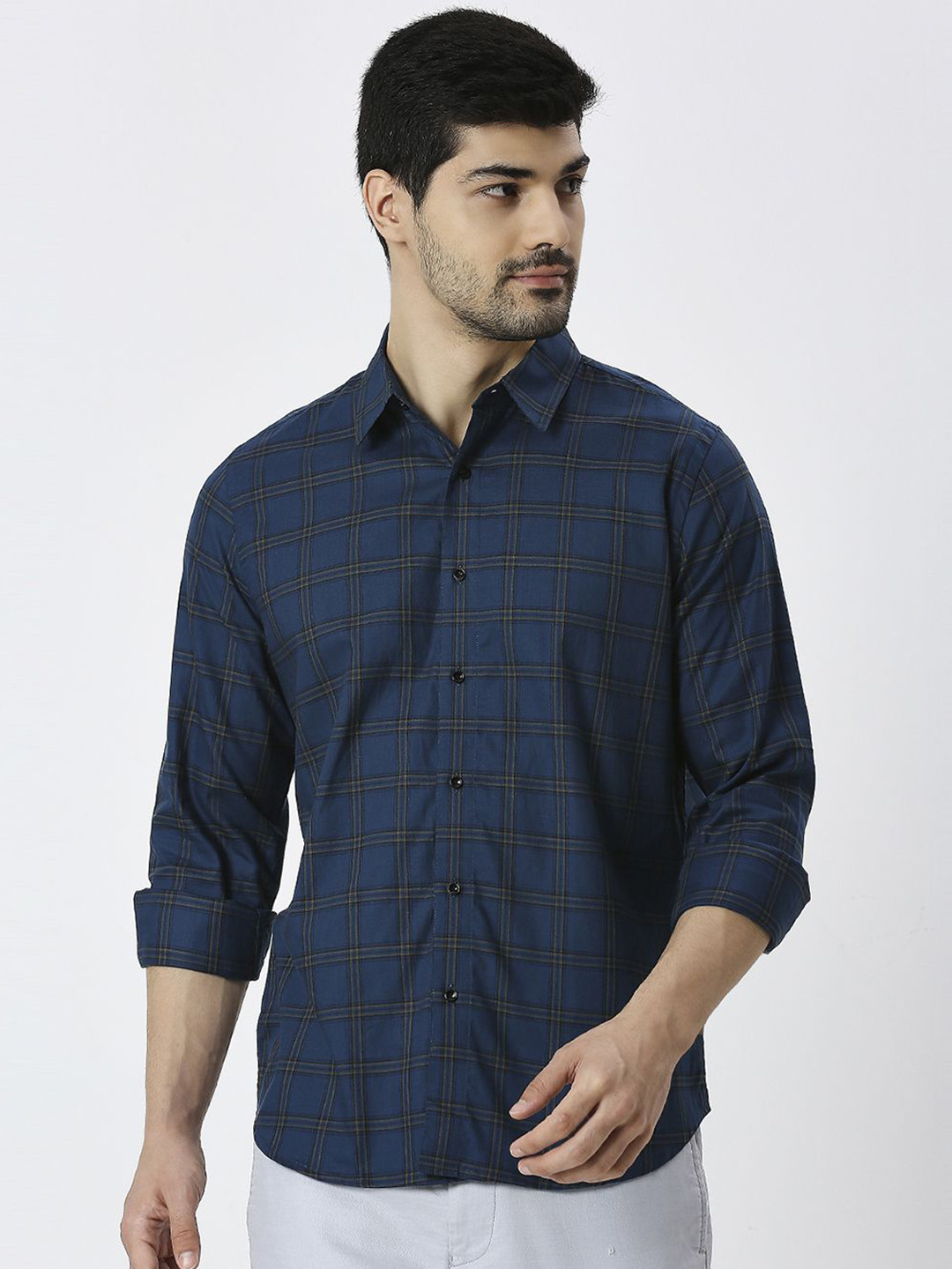 MARK & ALBERT Men India Slim Spread Collar Checked Cotton Slim Fit Casual Shirt