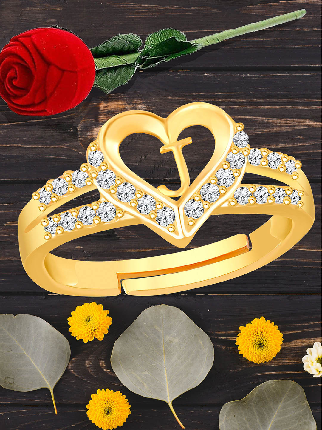 Heer Collection Gold Plated American Diamond Studded Alphabet J Adjustable Finger Ring