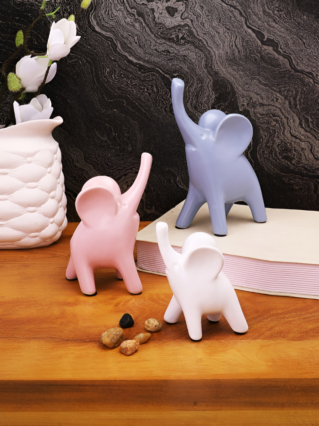 TAYHAA Elephant Pink Ceramic Glossy Prayer Room Set of 3 Medium Showpieces - 5.3 Inches