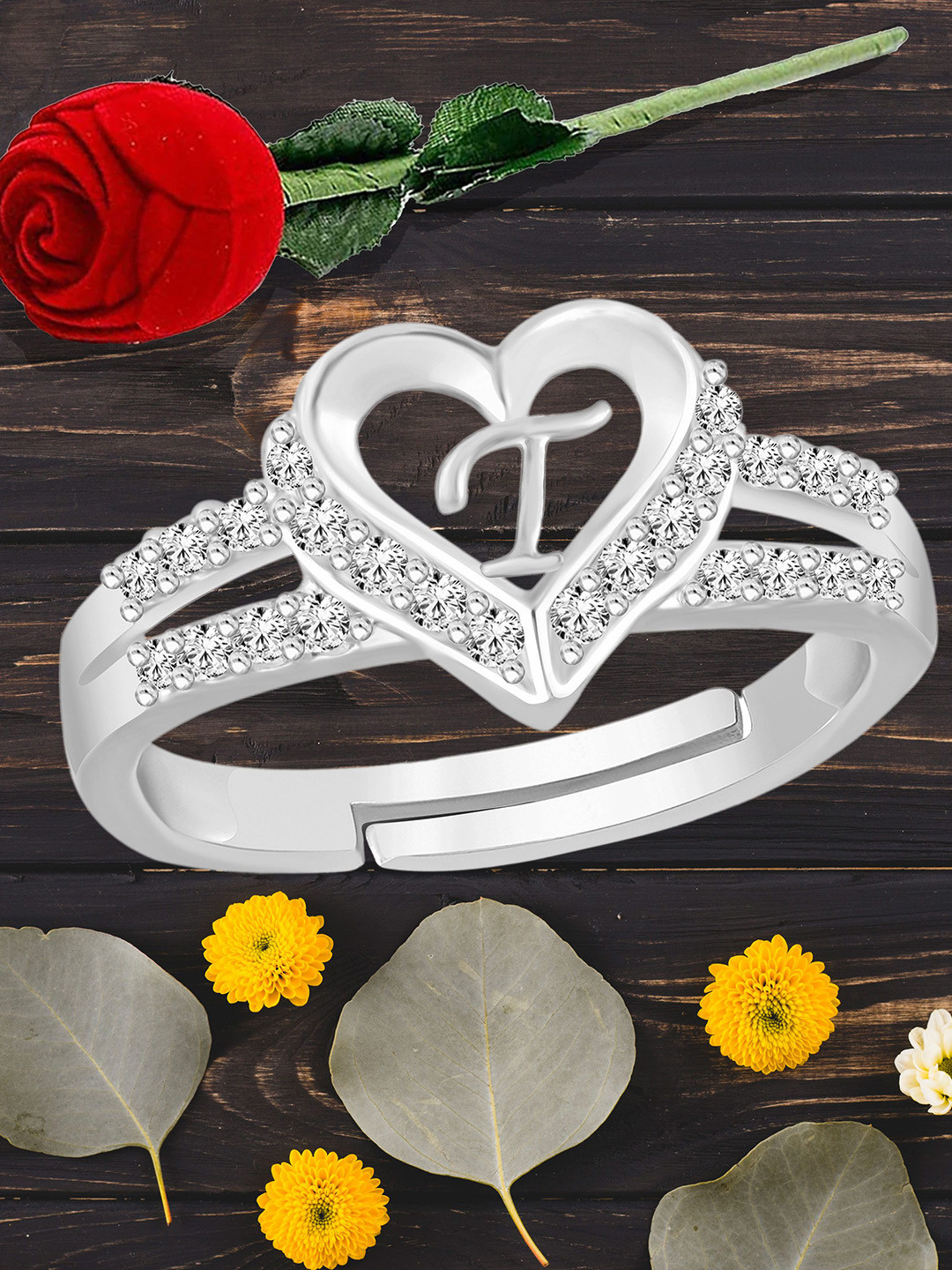 Heer Collection Silver-Plated American Diamond Studded Alphabet T Adjustable Finger Ring