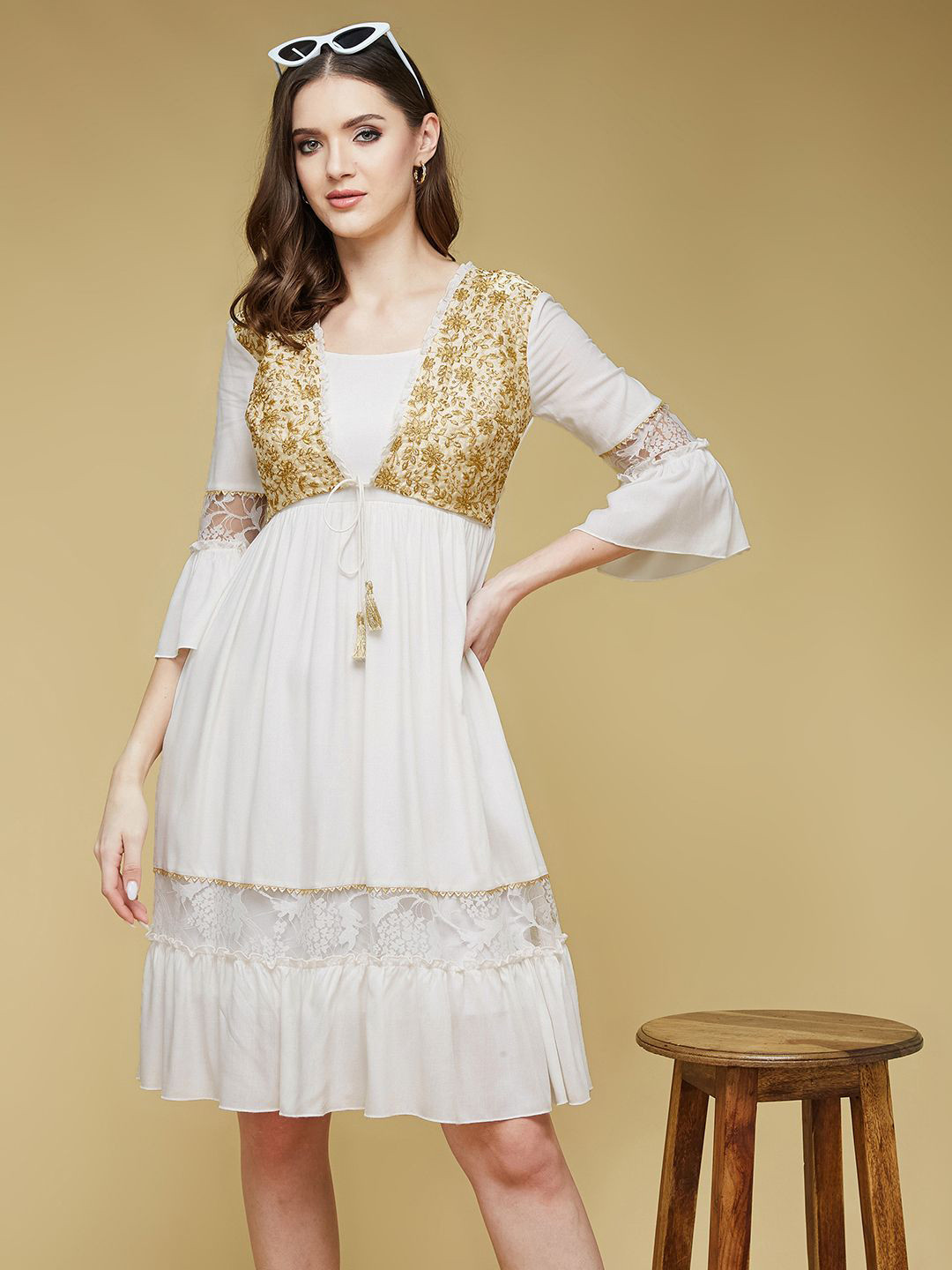 all about you Women's Square Neck Ruffled Sleeve Embroidered Jacket Paneled Midi Dress